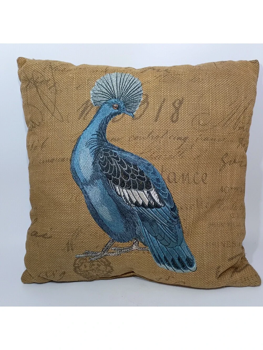Burlap Embroidered Blue Pheasant Peacock Pillow Script 15 x 15 READ